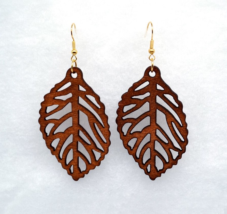 African Leaf Carved Wood Earrings